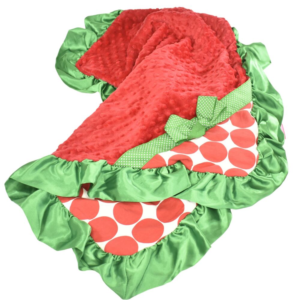 Christmas Baby Blanket Red Dots with Green Satin Border NEW